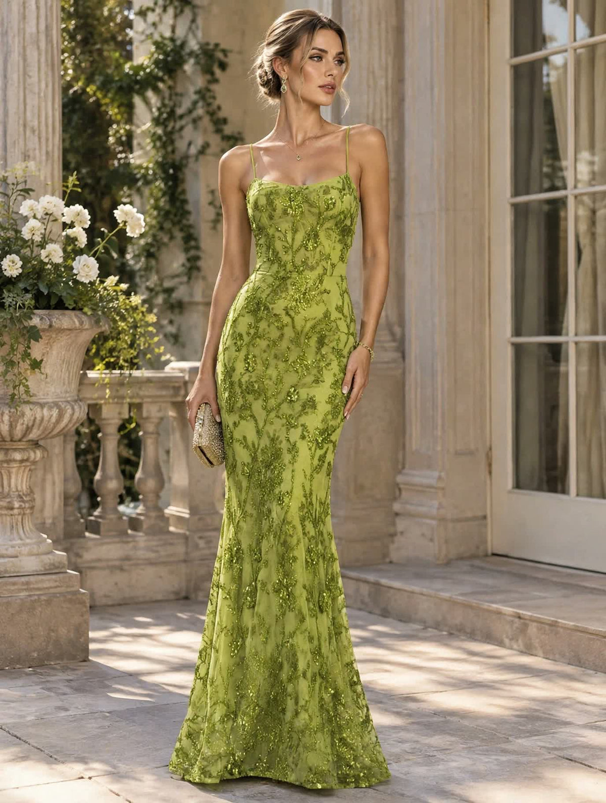 Elegant Green Sequin Spaghetti Strap Mermaid Gown - Free Shipping