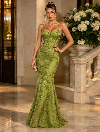 Elegant Green Sequin Spaghetti Strap Mermaid Gown - Free Shipping