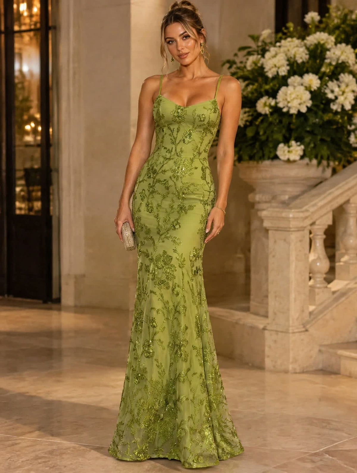 Elegant Green Sequin Spaghetti Strap Mermaid Gown - Free Shipping