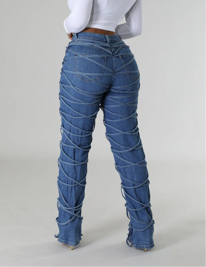 Trendy Blue Denim Spiral Strap Button Pocket High-Waist Jeans Pants – Free Shipping