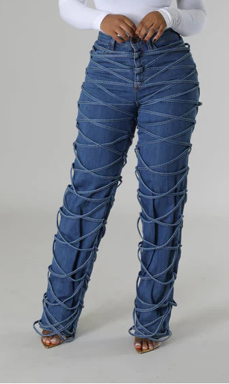 Trendy Blue Denim Spiral Strap Button Pocket High-Waist Jeans Pants – Free Shipping