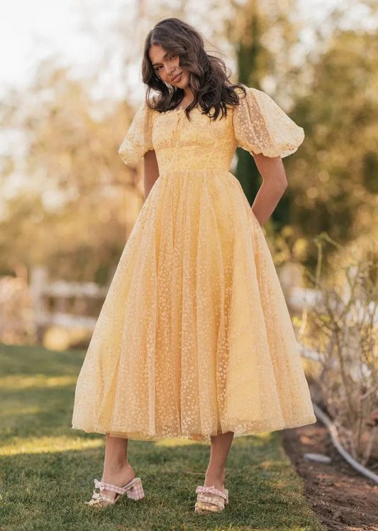 Everbloom Puff Sleeve Midi Dress in Yellow Sizes 00-34 - Free Shipping