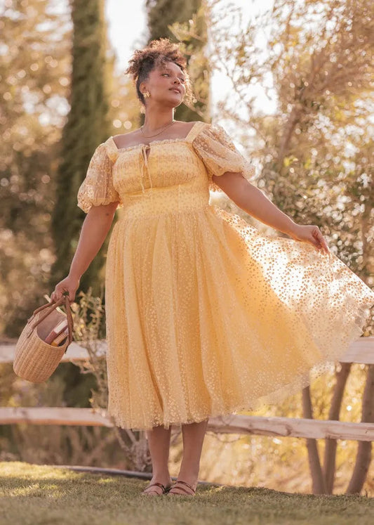 Everbloom Puff Sleeve Midi Dress in Yellow Sizes 00-34 - Free Shipping