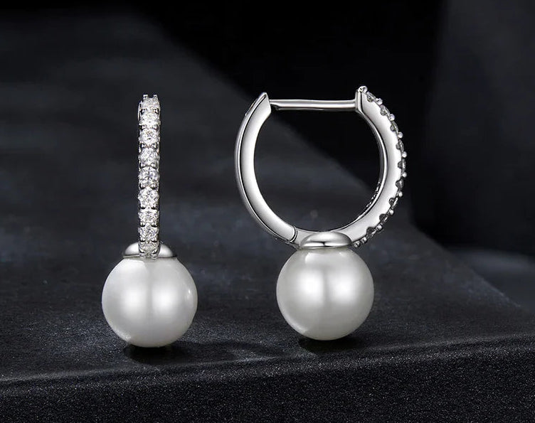 Moissanite Pearl Drop Earrings 925 Sterling Silver Shell Hoop - Free Shipping