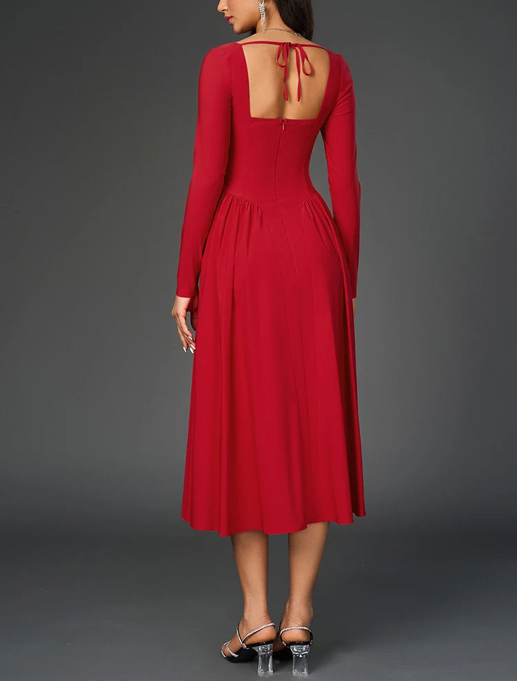 Beautiful Sweetheart Neckline Long Sleeve Pleated Midi A-Line Dress - Free Shipping