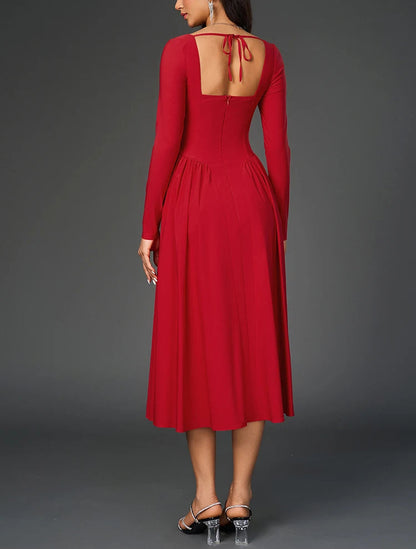Beautiful Sweetheart Neckline Long Sleeve Pleated Midi A-Line Dress - Free Shipping