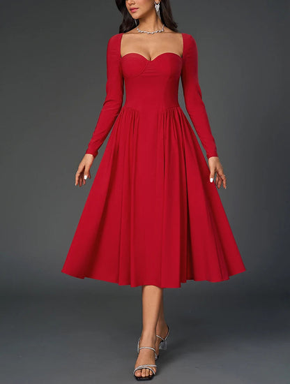 Beautiful Sweetheart Neckline Long Sleeve Pleated Midi A-Line Dress - Free Shipping