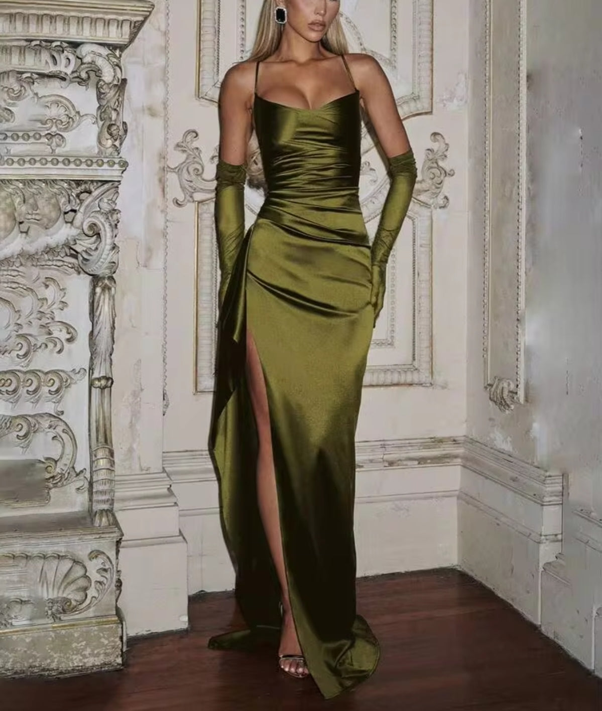 Stunning Ruched Strap High Slit Maxi Dress - Free Shipping