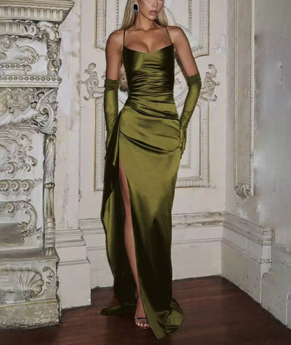 Stunning Ruched Strap High Slit Maxi Dress - Free Shipping