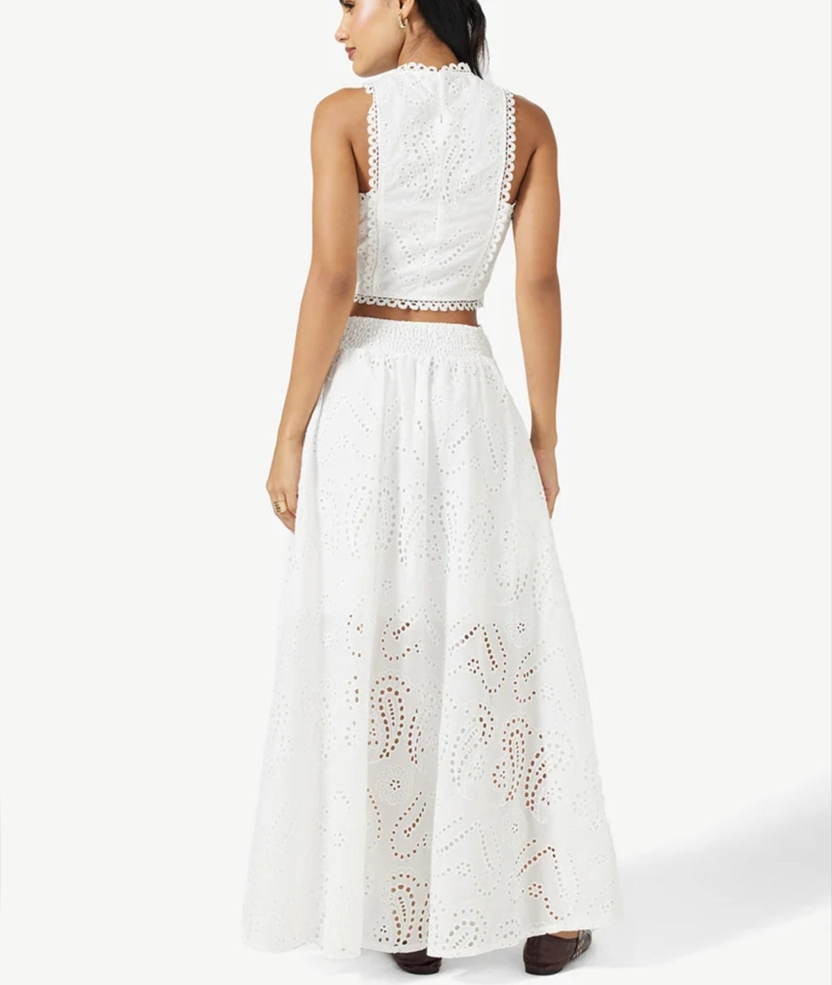 Vintage Sleeveless Pocket Eyelet Two-Piece Maxi Skirt Set - Free Shipping