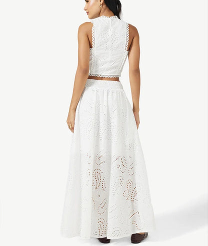 Vintage Sleeveless Pocket Eyelet Two-Piece Maxi Skirt Set - Free Shipping