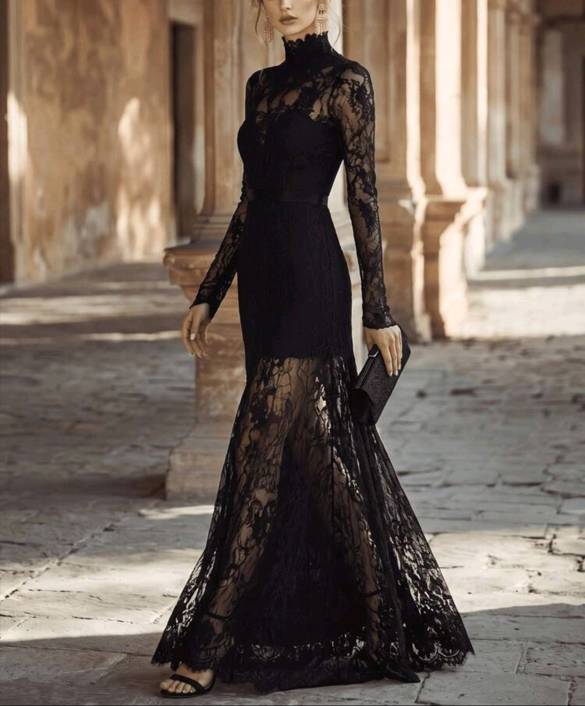 Stylish Black Sheer Lace High-Neck Long Sleeve Fitted Maxi Dress-Free Shipping