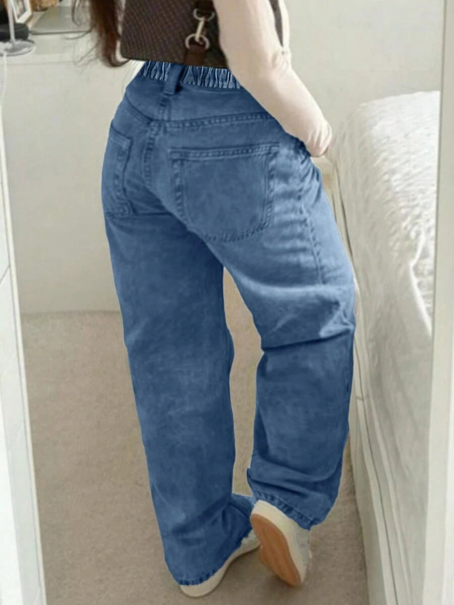 Trendy Plus Size High-Waisted Zipper Fly Straight Leg Pocket Denim Jeans Pants – Free Shipping