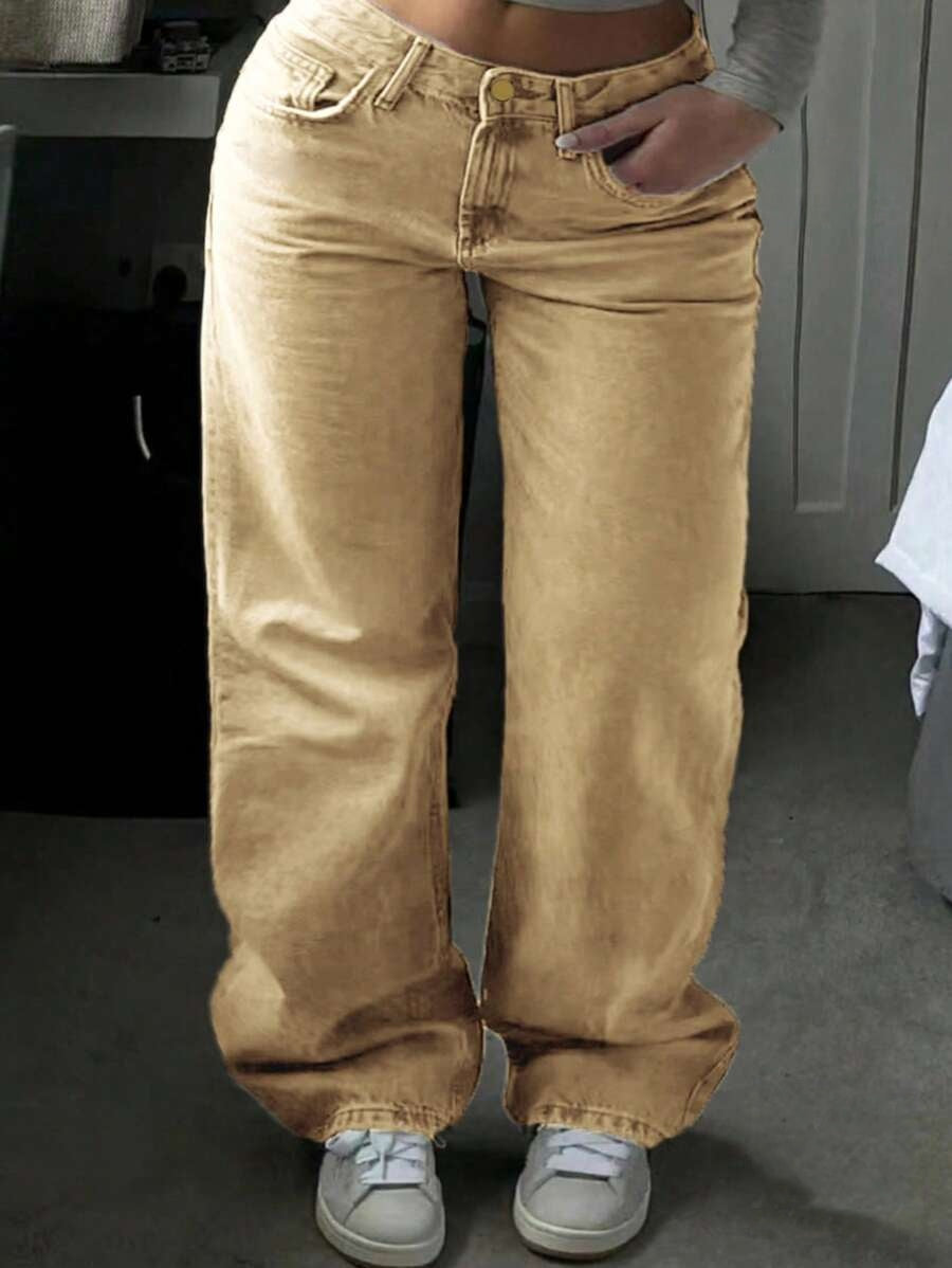 Trendy Plus Size High-Waisted Zipper Fly Straight Leg Pocket Denim Jeans Pants – Free Shipping