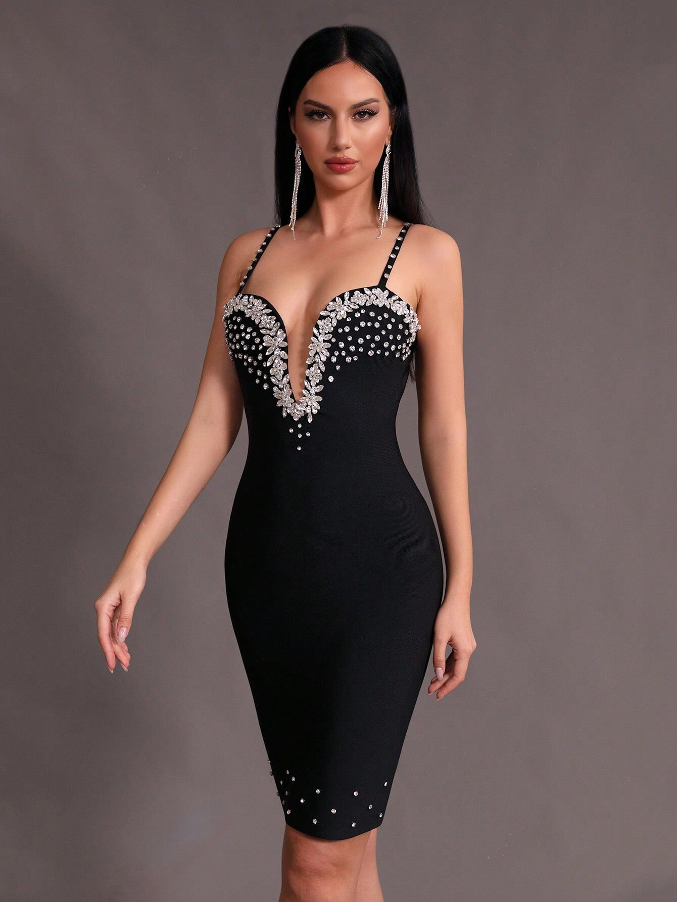 Stylish Purple Rhinestone Deep V-Neck Plunging Bandage Evening Dress-Free Shipping