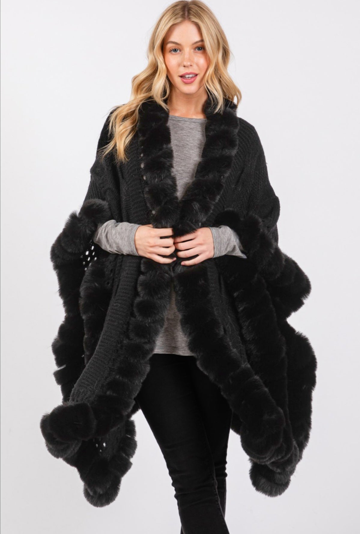 Stylish Faux Fur Trim Cable Knit Closure Cape Shawl – Free Shipping
