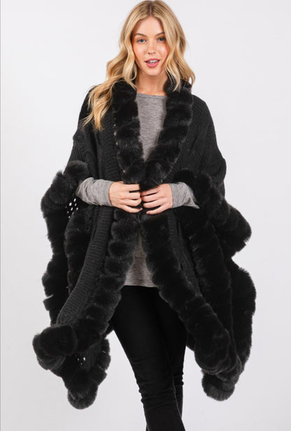 Stylish Faux Fur Trim Cable Knit Closure Cape Shawl – Free Shipping