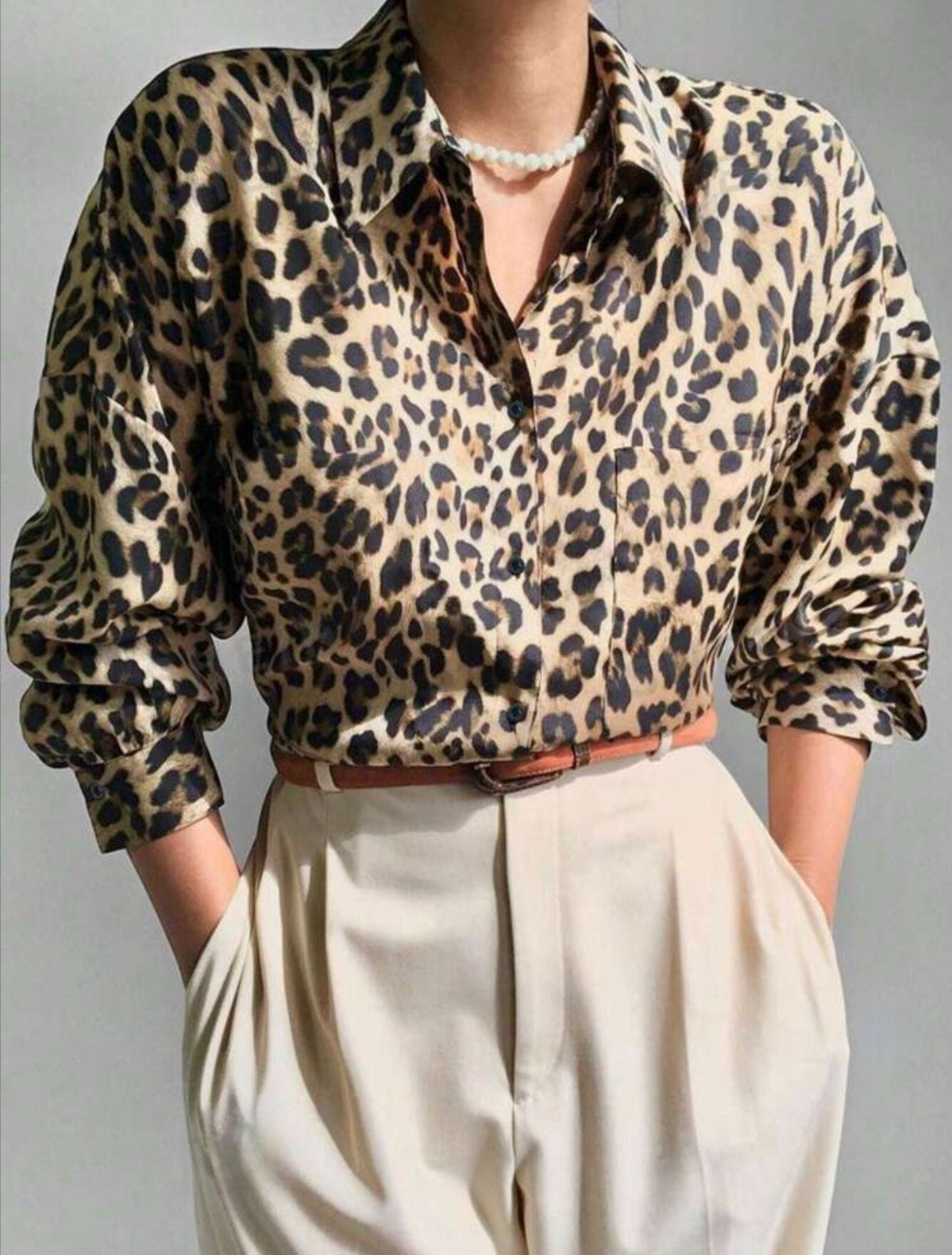 Chic Leopard Print Button Down Long Sleeve Collared Blouse Patch Pockets-Free Shipping