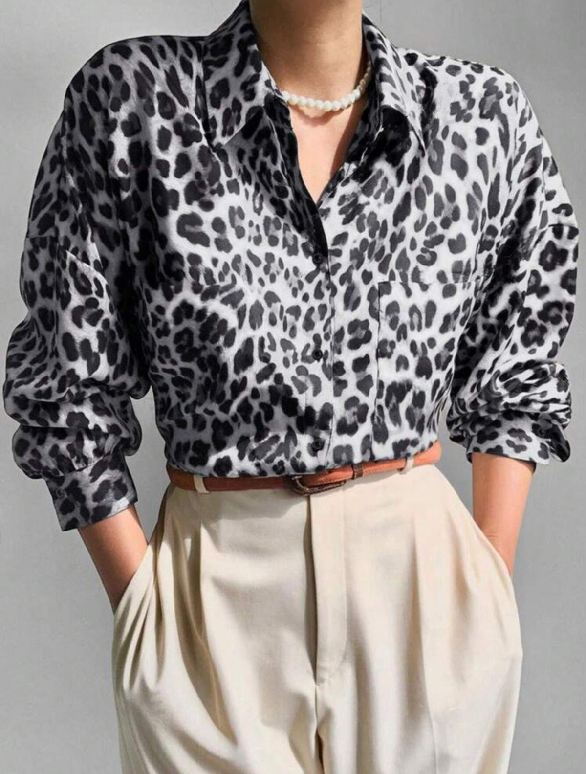 Chic Leopard Print Button Down Long Sleeve Collared Blouse Patch Pockets-Free Shipping