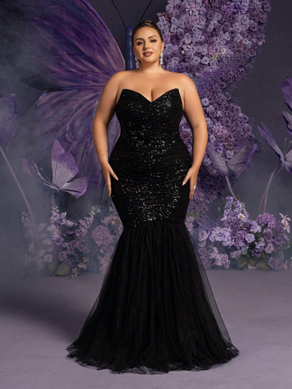 Elegant Black Sequin Plus Size Ruched Strapless Mermaid Long Dress-Free Shipping