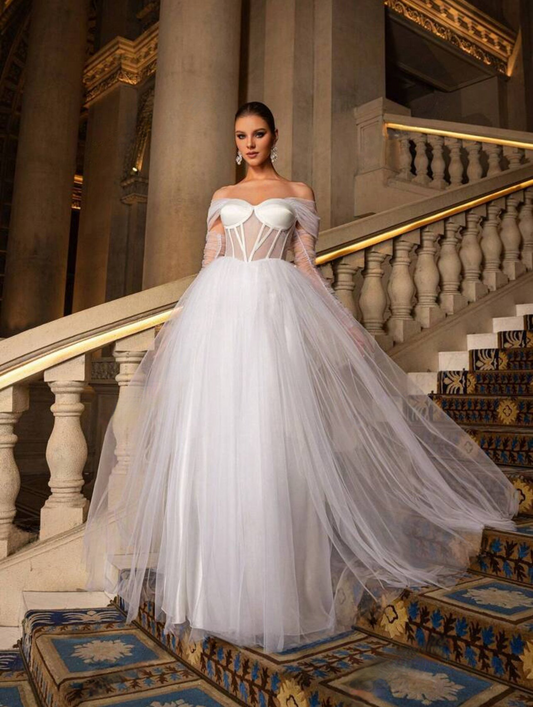 Enchanting Wedding Off-Shoulder Criss Cross Tie Back Sheer Tulle Long Dress-Free Shipping