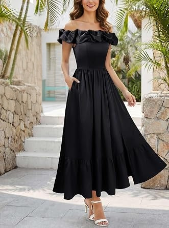 Chic Ruffle Off-Shoulder Slit A-Line Maxi Dress-Free Shipping