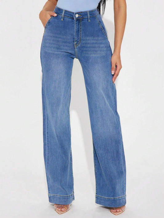 Chic Denim High-Waisted Zipper Wide Leg Jeans Pants - Free Shipping