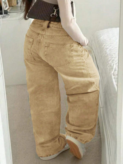 Trendy Plus Size High-Waisted Zipper Fly Straight Leg Pocket Denim Jeans Pants – Free Shipping