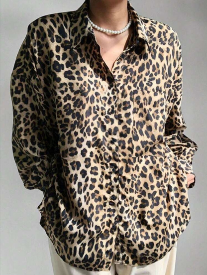 Chic Leopard Print Button Down Long Sleeve Collared Blouse Patch Pockets-Free Shipping