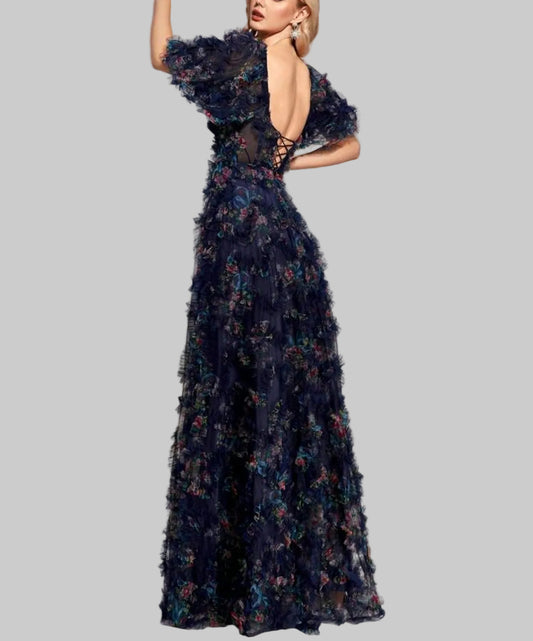 Elegant Sweetheart Floral Sheer Mesh Flowy Maxi Dress-Free Shipping