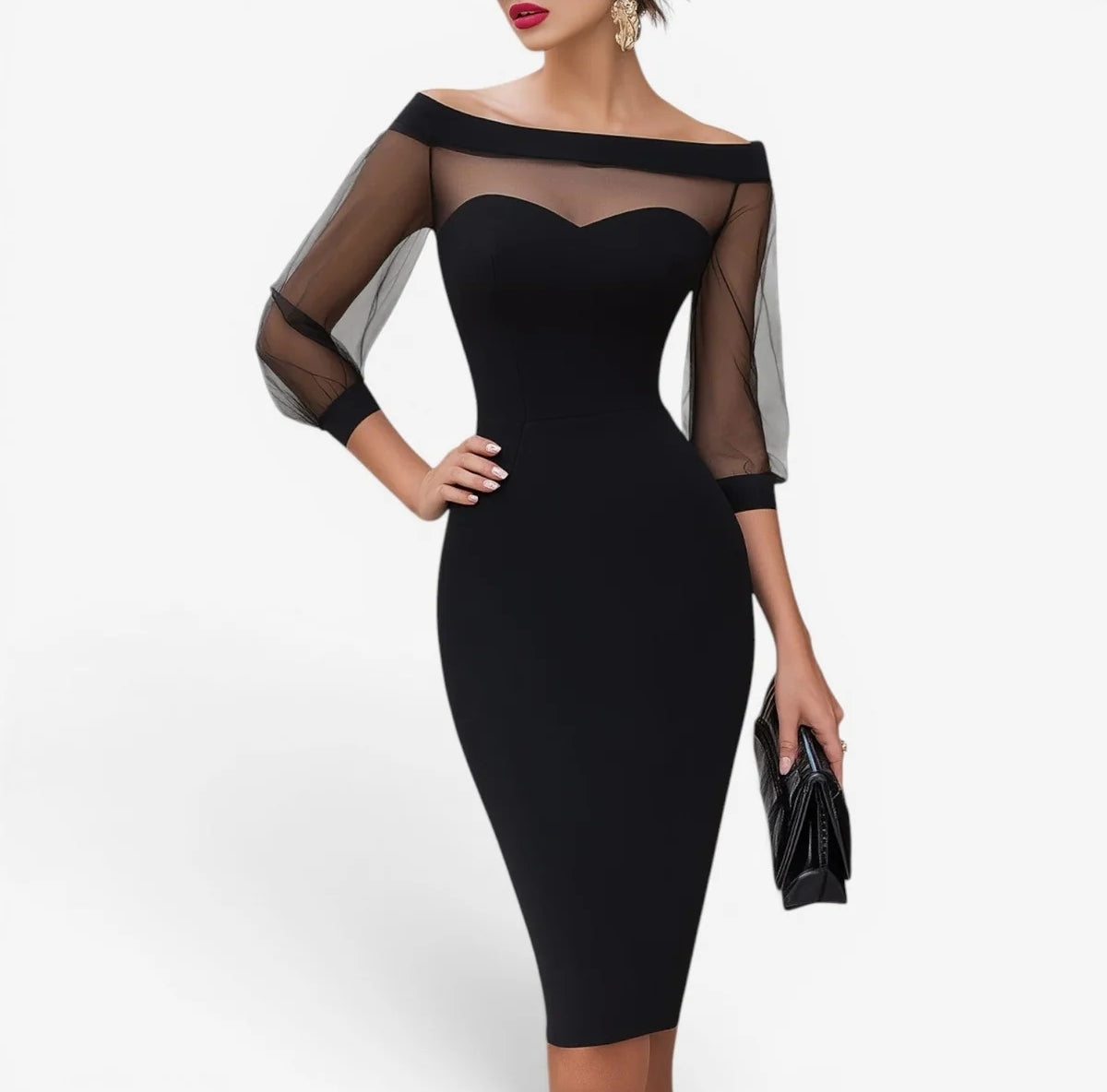 Stunning Off-Shoulder Sheer Mesh Bodycon Midi Dress-Free Shipping