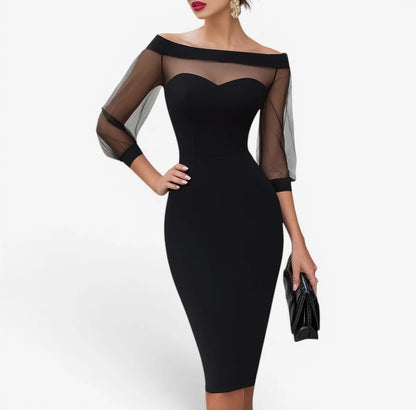 Stunning Off-Shoulder Sheer Mesh Bodycon Midi Dress-Free Shipping