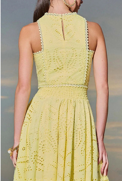 Vintage Sleeveless Pocket Eyelet Two-Piece Maxi Skirt Set - Free Shipping