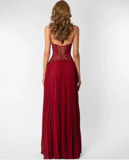 Sophisticated Sweetheart Halter Corset Pleated Flowy Maxi Dress-Free Shipping