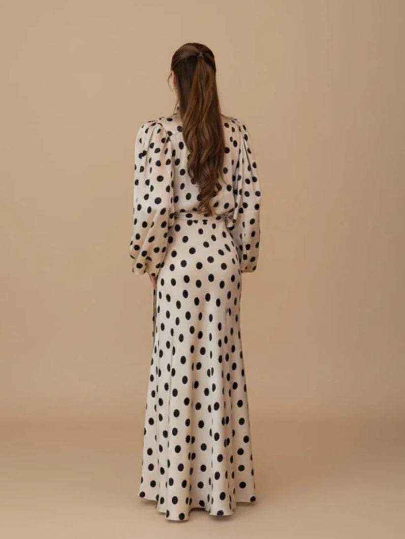 Timeless Polka Dot V-Neck Long Puff Sleeve Draped Maxi Mermaid Dress - Free Shipping