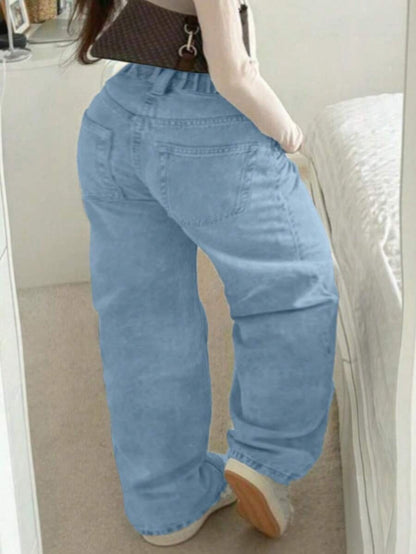 Trendy Plus Size High-Waisted Zipper Fly Straight Leg Pocket Denim Jeans Pants – Free Shipping