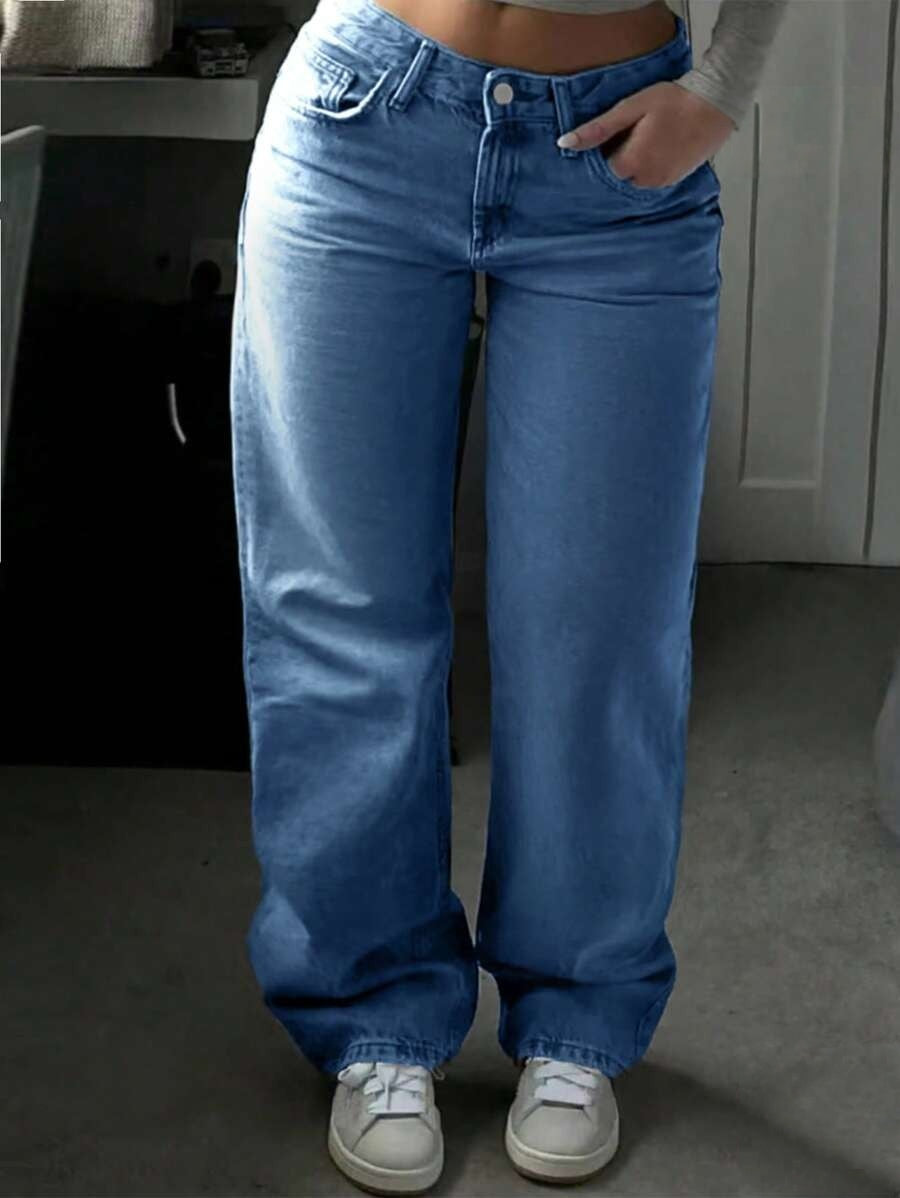 Trendy Plus Size High-Waisted Zipper Fly Straight Leg Pocket Denim Jeans Pants – Free Shipping