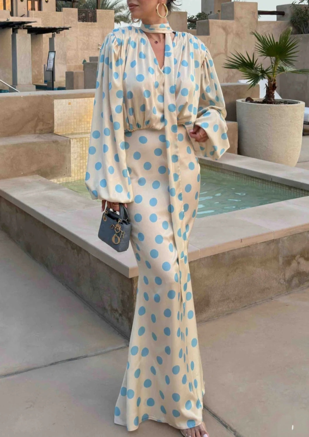 Timeless Polka Dot V-Neck Long Puff Sleeve Draped Maxi Mermaid Dress - Free Shipping