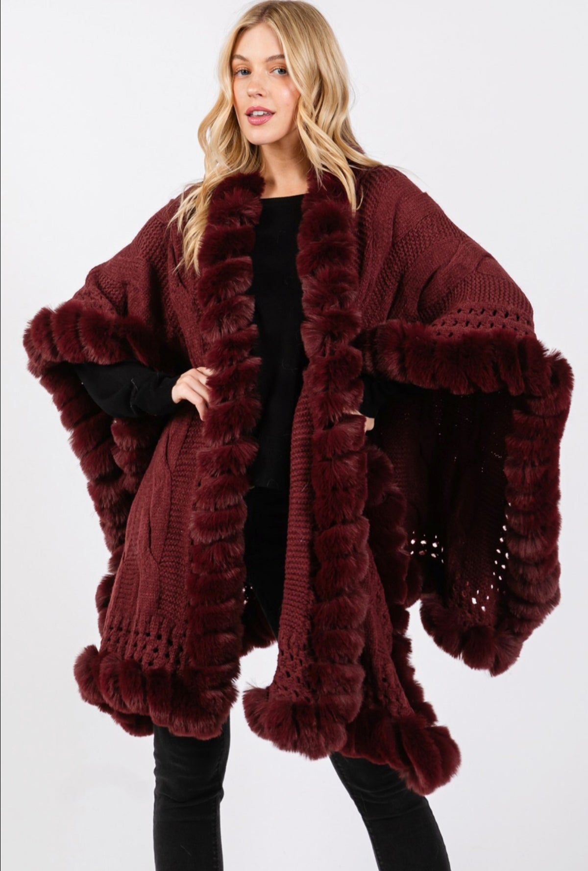 Stylish Faux Fur Trim Cable Knit Closure Cape Shawl – Free Shipping