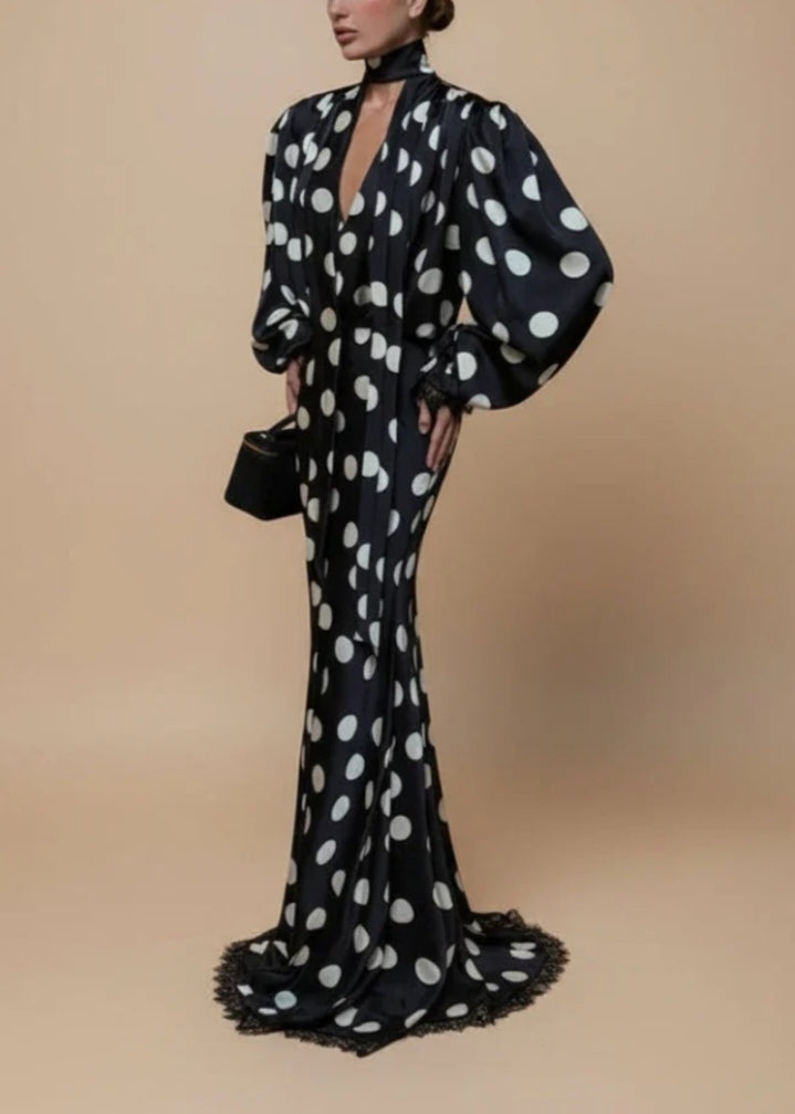 Timeless Polka Dot V-Neck Long Puff Sleeve Draped Maxi Mermaid Dress - Free Shipping