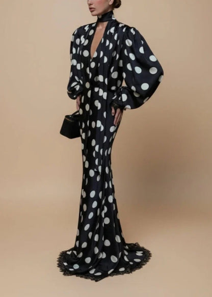 Timeless Polka Dot V-Neck Long Puff Sleeve Draped Maxi Mermaid Dress - Free Shipping
