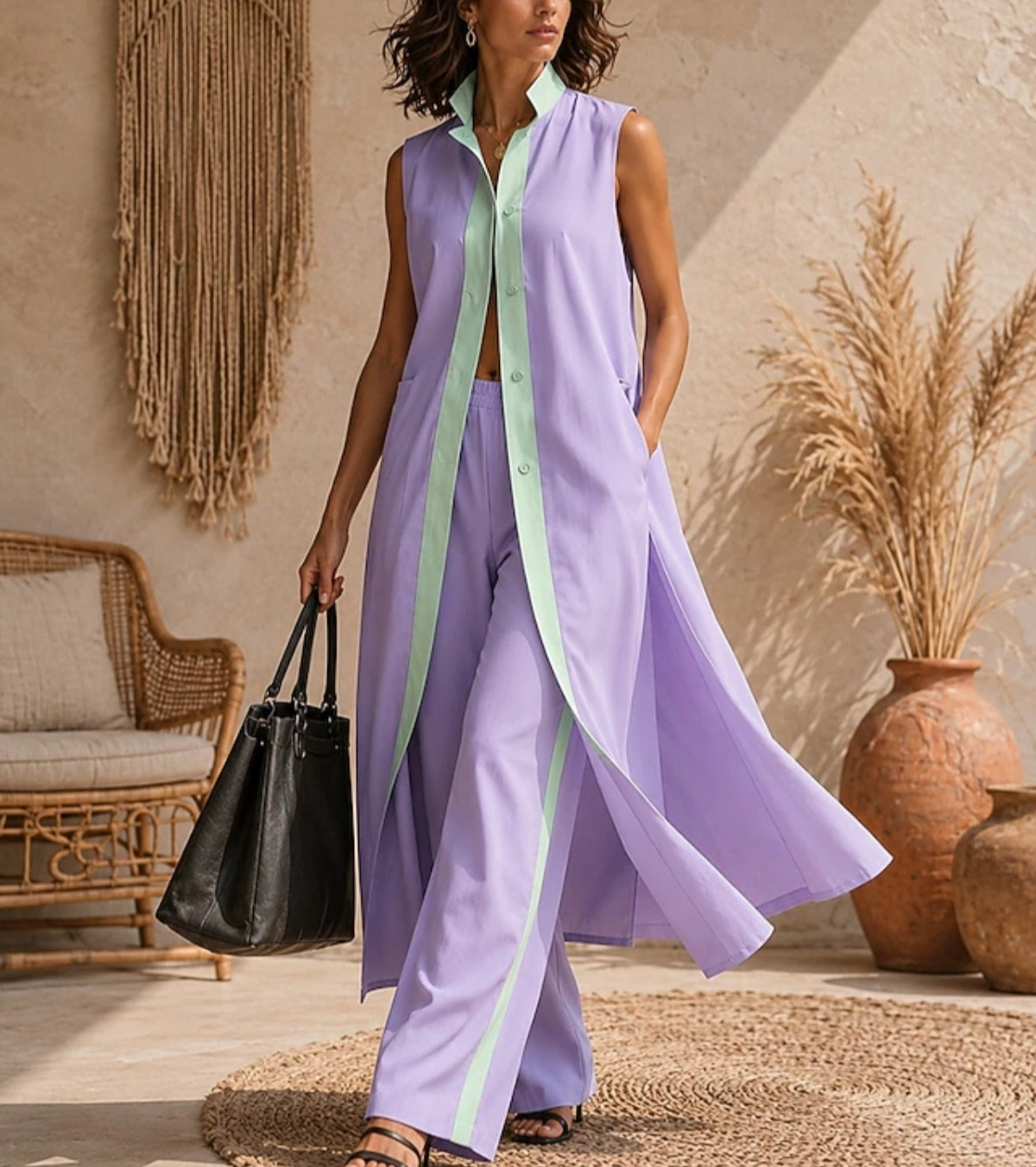 Timeless Buttoned Sleeveless Longline Top Wide-Leg Pants Outfit Set-Free Shipping