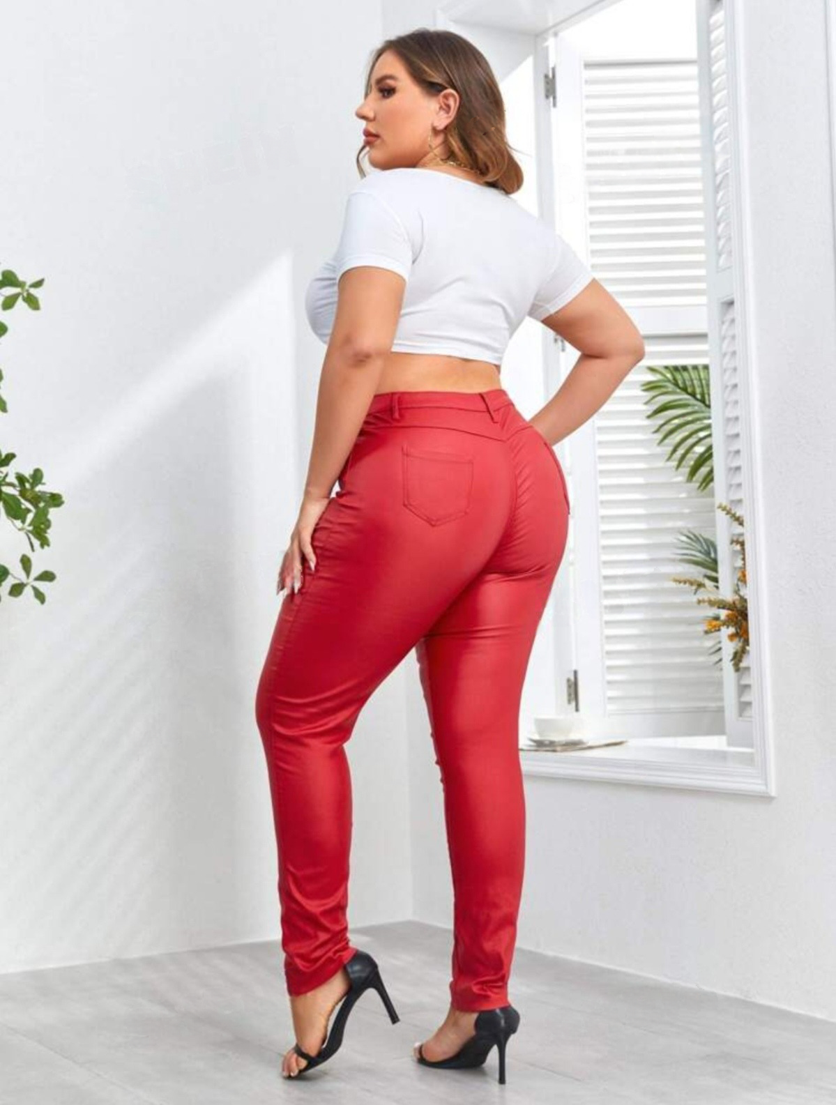 Edgy Plus Size High Waist PU Leather Pockets Skinny Pants-Free Shipping