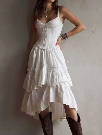 Chic White Lace Trim Corset Tiered Midi Dress-Free Shipping