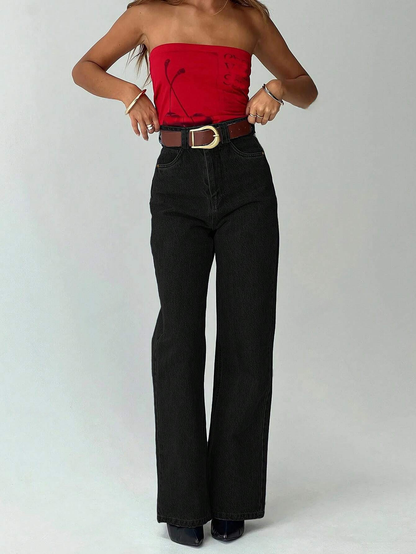 Retro-Inspired Black High-Waisted Straight Classic Jeans - Free Shipping