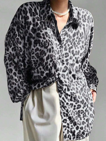 Chic Leopard Print Button Down Long Sleeve Collared Blouse Patch Pockets-Free Shipping