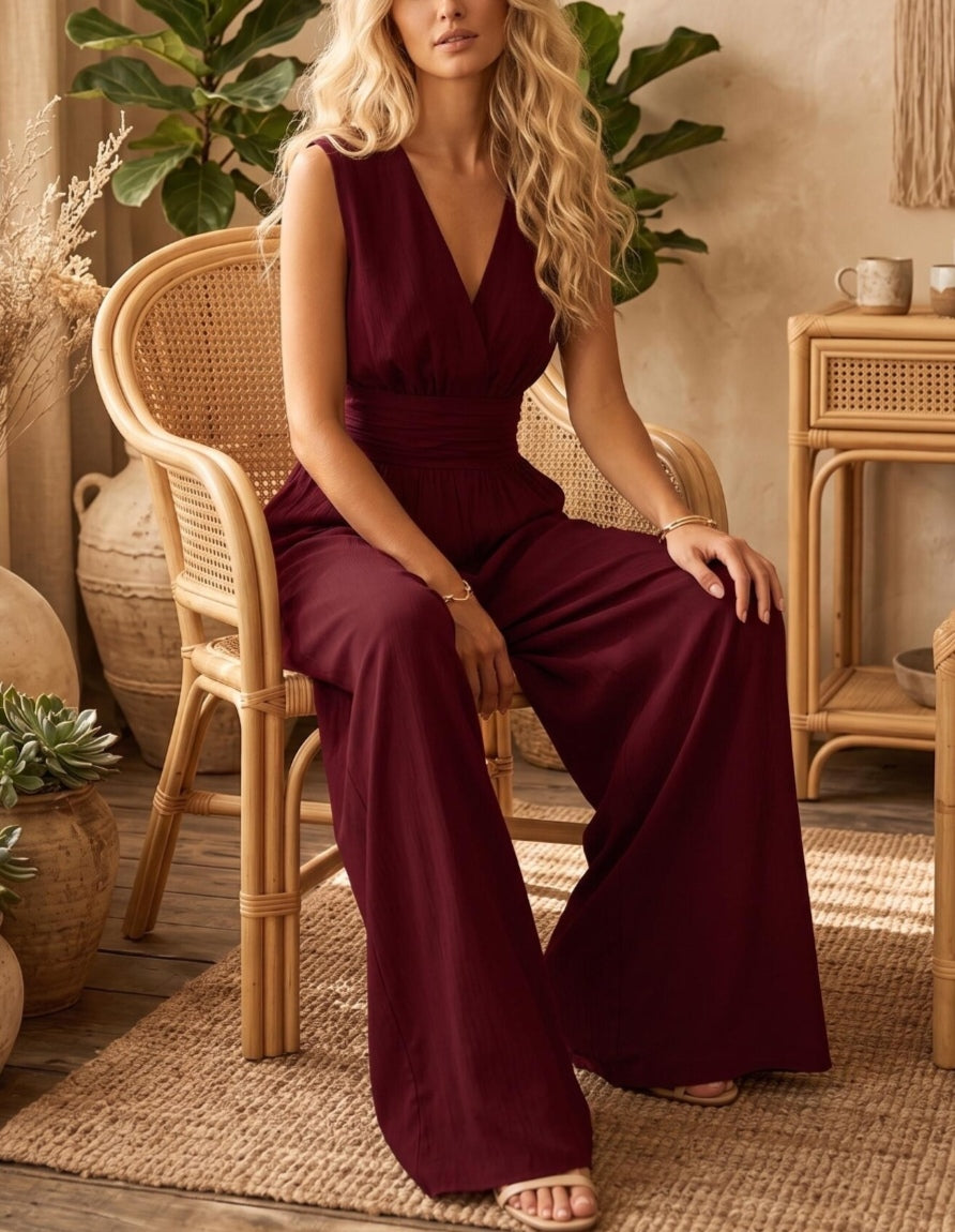 Elegant V-Neck Sleeveless Pleated Pocket Wide-Leg Jumpsuit-Free Shipping (S-3XL)