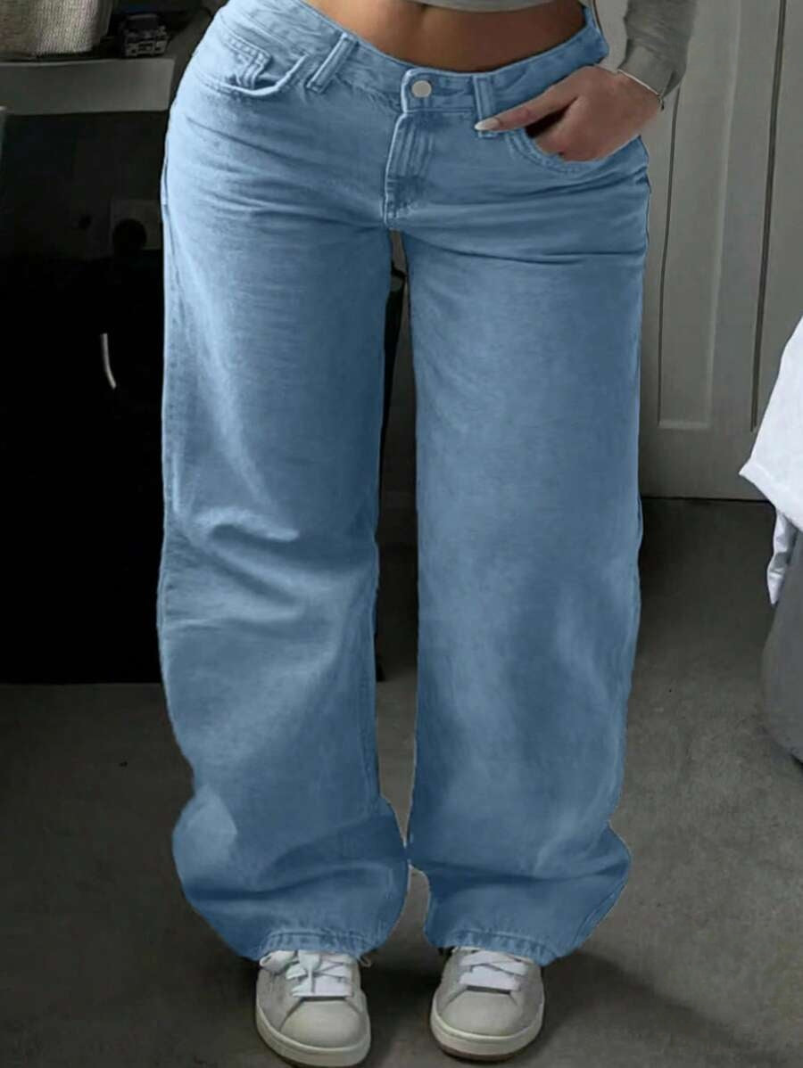 Trendy Plus Size High-Waisted Zipper Fly Straight Leg Pocket Denim Jeans Pants – Free Shipping