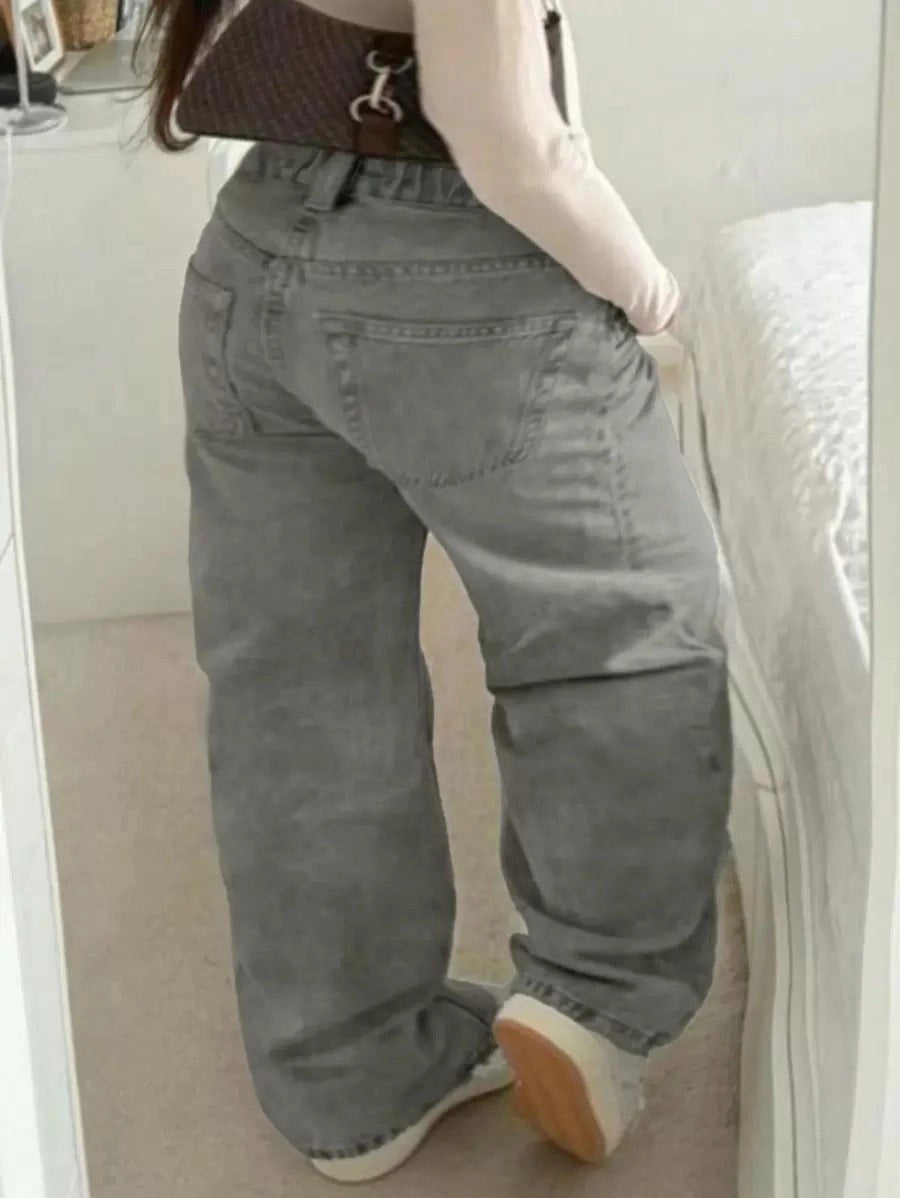 Trendy Plus Size High-Waisted Zipper Fly Straight Leg Pocket Denim Jeans Pants – Free Shipping