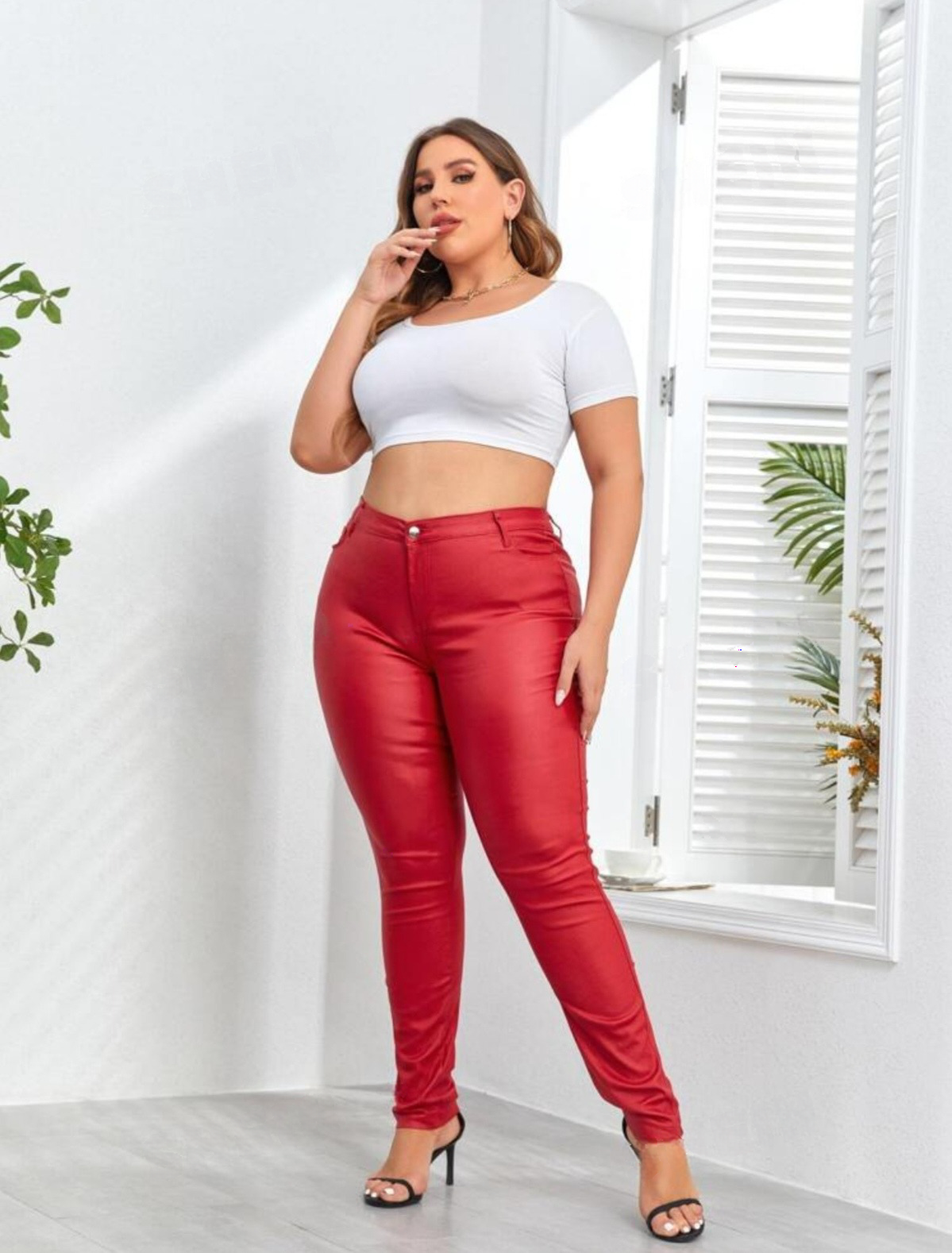 Edgy Plus Size High Waist PU Leather Pockets Skinny Pants-Free Shipping